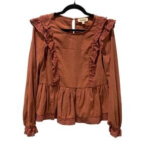 Listicle Peasant Blouse Rust color lace trim detail Peplum sz S